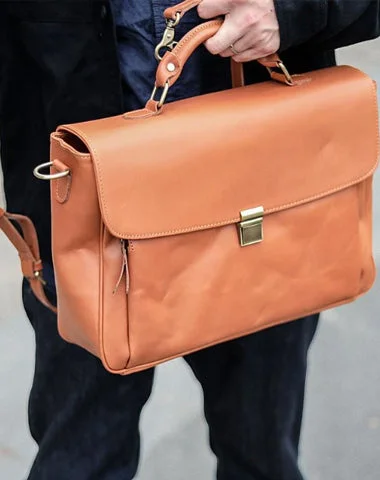 Vintage Light Brown Mens Leather Briefcase Work Handbags Brown 14'' Computer Briefcase For Men