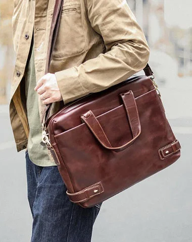 Vintage Maroon Mens Leather Briefcase Work Handbag Brown 14'' Laptop Briefcases For Men