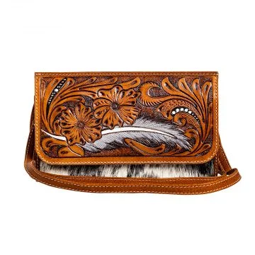 Leather coin and key purses with hand - stitched details for menMyra Bag: "FEATHER POINT HAND-TOOLED BAG"