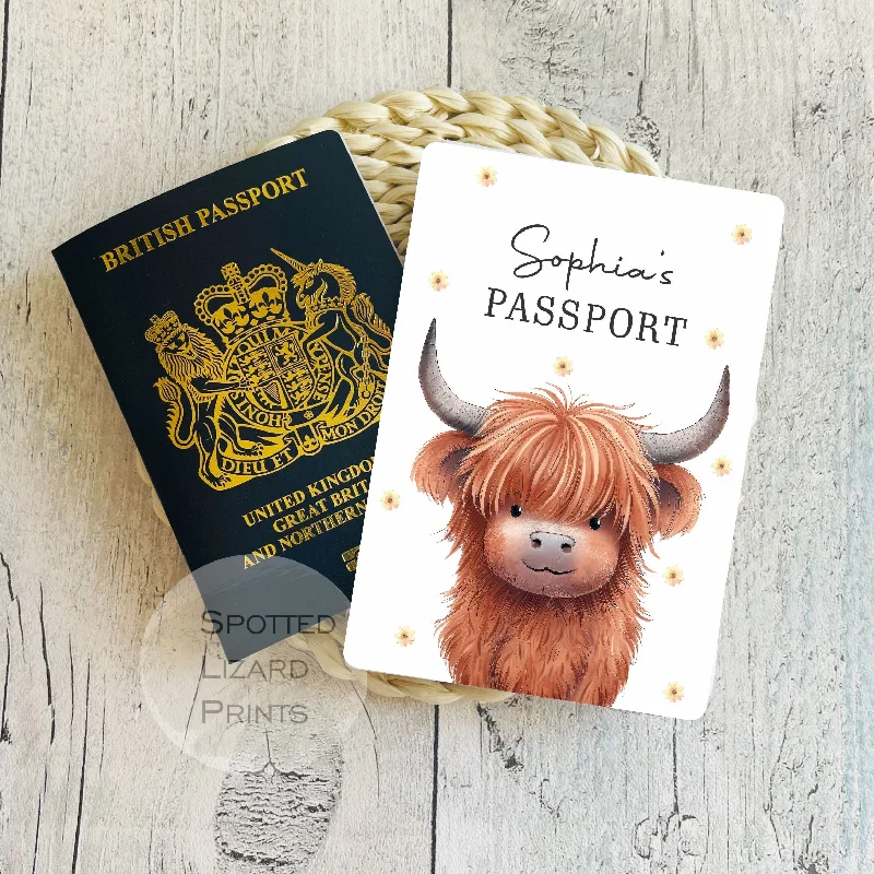 Vegan Leather Passport Covers & Wallets for Environmentally Conscious PeoplePersonalised First Passport Cover - 1st Passport Holder - Kids Passport Cover - Baby Passport Holder - First Holiday - Highland Cow Passport