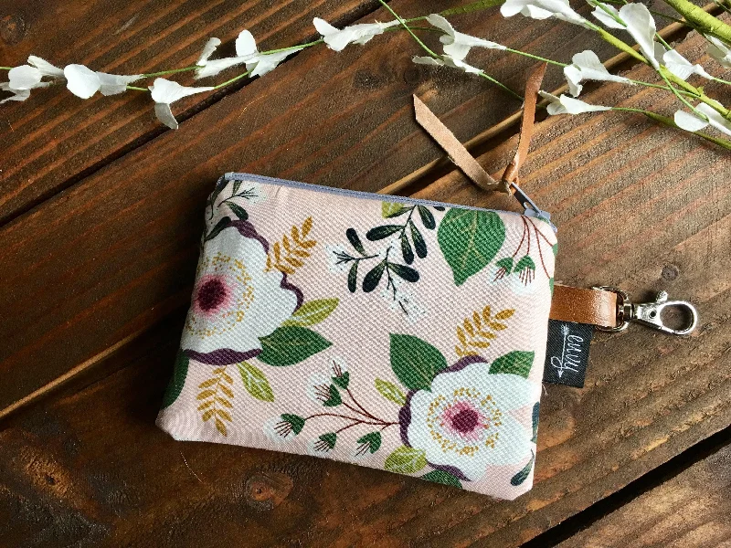 Antique - brass coin and key purses with intricate engravingsSALE - Blush Blooms with Vegan Leather and Key Clip - Zippered Clutch /  Coin Pouch / Change Purse