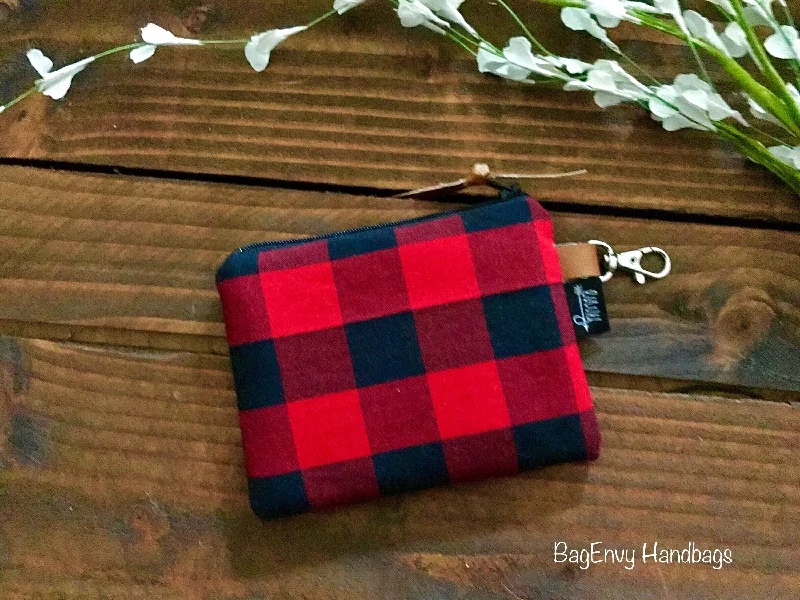 Foldable coin and key purses made of flexible PVC for travelSALE - Buffalo Plaid with Vegan Leather and Key Clip - Zippered Clutch /  Coin Pouch / Change Purse