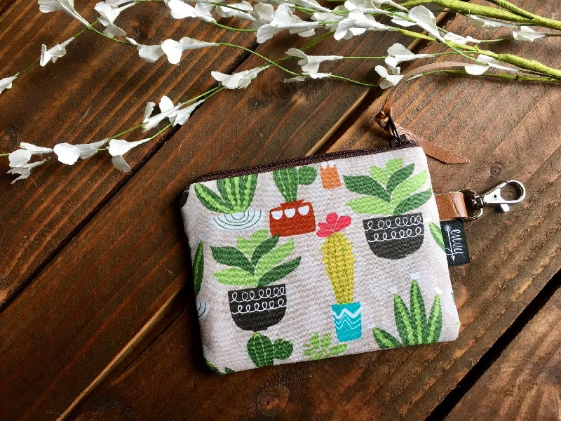 Leather coin and key purses with hand - stitched details for menSALE - Cactus and Succulents with Vegan Leather and Key Clip - Zippered Clutch /  Coin Pouch / Change Purse