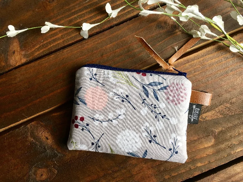 Foldable coin and key purses made of flexible PVC for travelSALE - Pom Floral in Grey with Vegan Leather and Key Clip - Zippered Clutch /  Coin Pouch / Change Purse