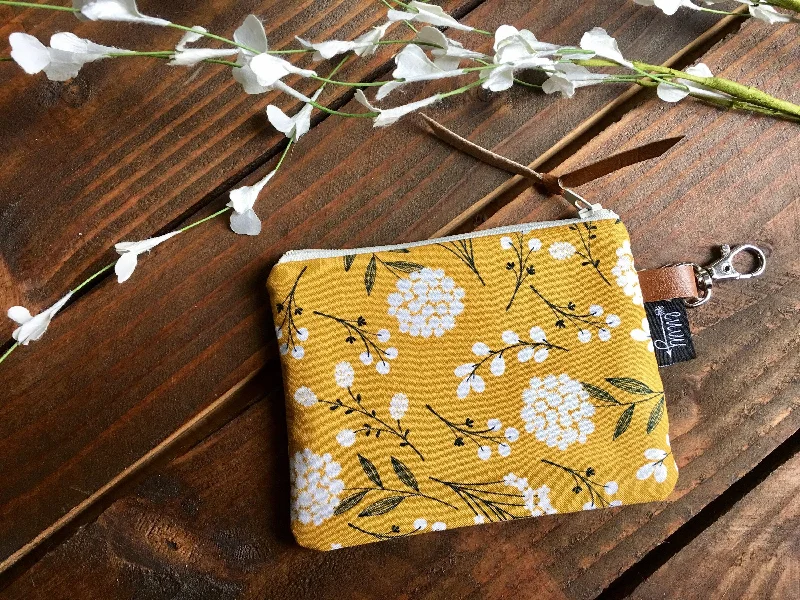 Colorful fabric coin and key purses with floral patterns for girlsSALE - Pom Floral in Mustard with Vegan Leather and Key Clip - Zippered Clutch /  Coin Pouch / Change Purse