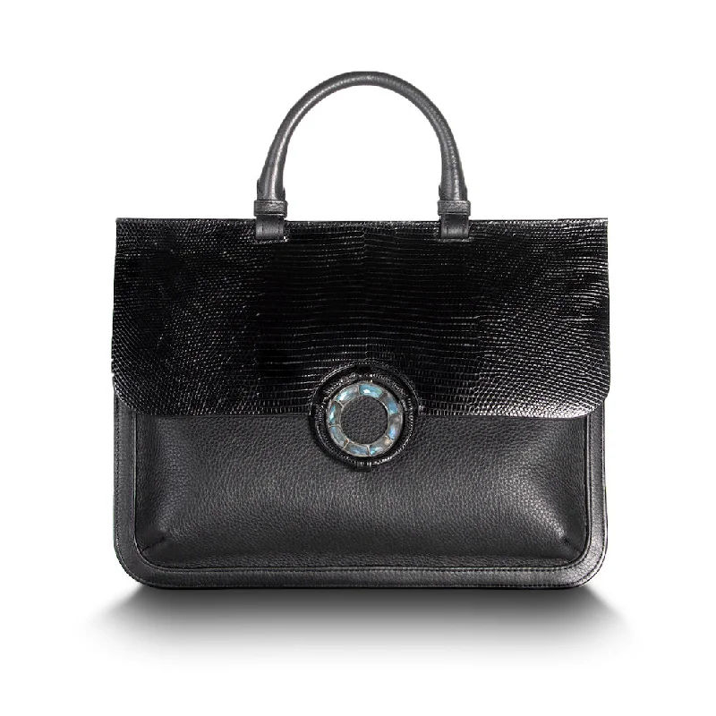 Vintage-inspired satchel with a brass buckle and leather tasselsSydney Convertible Satchel, Black Lizard & Leather, Labradorite Grommet