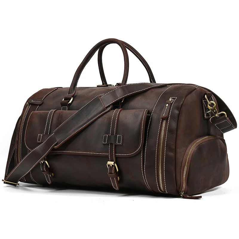 Leather duffel bags with antique brass hardware for a classic and luxurious lookLarge Size Weekend Bag Leather Travel Bag with Shoes Compartment Duffel Bag