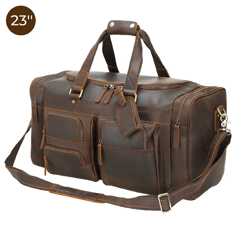 Duffel bags with a built-in shoe compartment to keep shoes separatePolare 23"/26" Leather Duffel Weekender Travel Bag For Men With Full Grain Cowhide Leather 42L/56L