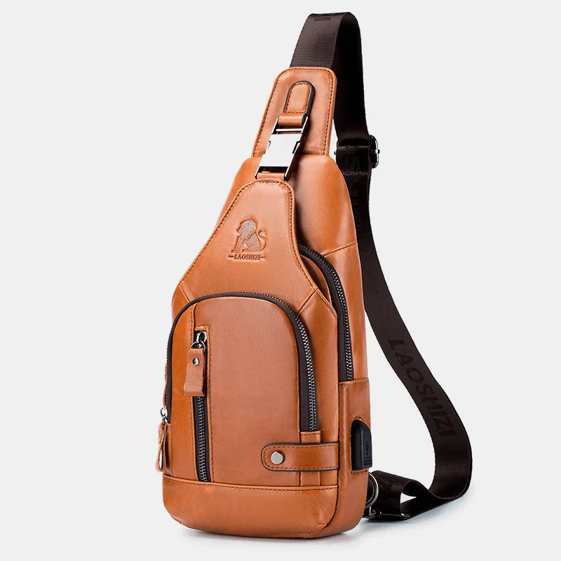 Lightweight men's waist bags for travelMen Cowhide Multi-Pocket USB Charging Chest Bag Outdoor Travel Anti-Theft Crossbody Shoulder Bag