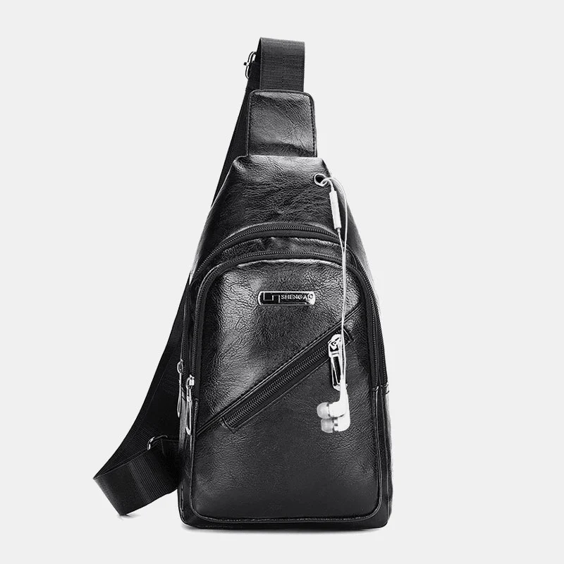 Men's chest bags with a reflective strip for safetyMen Earphone Hole Business Multi-Pocket Crossbody Bag Chest Bag Sling Bag