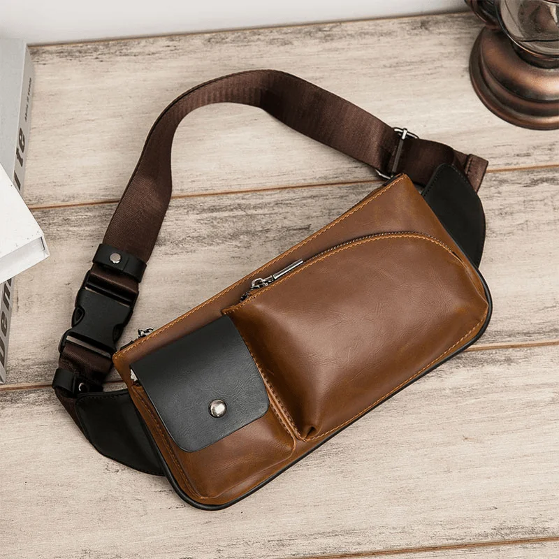 Men's waist bags with a hidden back pocketMen Faux Leather Retro Business Casual Multi-Carry Waist Bag Chest Bag Sling Bag