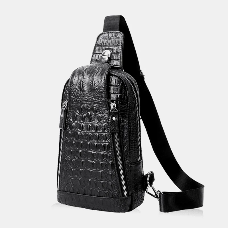 Men's waist bags with a clear ID windowMen Genuine Leather Crocodile Pattern Large Capacity Vintage 6.5 Inch Chest Bags Crossbody Bag Shoulder Bag