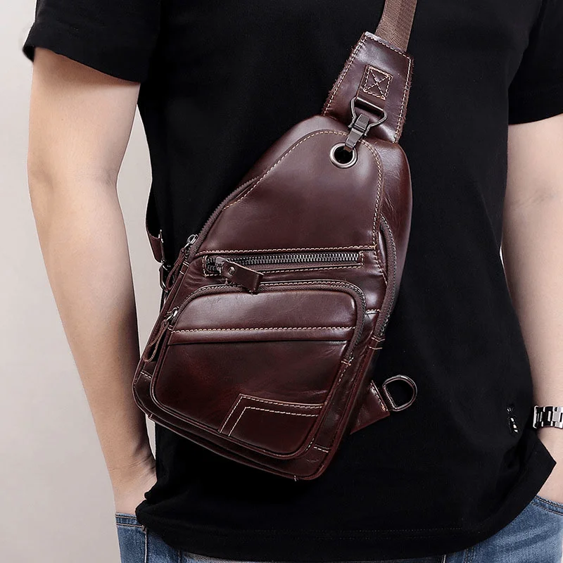 Men's waist bags with a quilted exteriorMen Genuine Leather Large Capacity Outdoor Casual Chest Bag Convertible Shoulder Strap Multi-Pocket Shoulder Bag Crossbody Bag