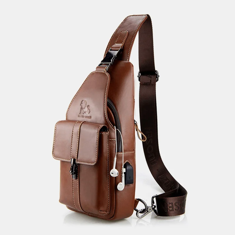 Men's chest bags with a front - flap designMen Genuine Leather USB Charging Retro Casual Cowhide Chest Bag Sling Bag Crossbody Bag