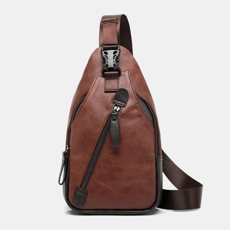 Men's chest bags with a carabiner clip for hangingMen PU Leather Multi-Pocket Waterproof Casual Crossbody Bag Chest Bag Sling Bag