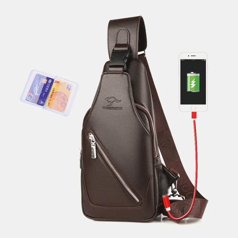 Men's waist bags with a waterproof zippersMen PU Leather USB Charging Waterproof Earphone Hole Business Crossbody Bag Chest Bag Sling Bag