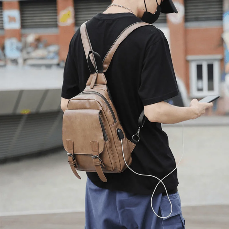 Men's chest bags with a soft - lined interior for delicate itemsMen Retro Earphone Hole Multi-Carry USB Charging Multi-Layers Waterproof Crossbody Bag Chest Bag Sling Bag