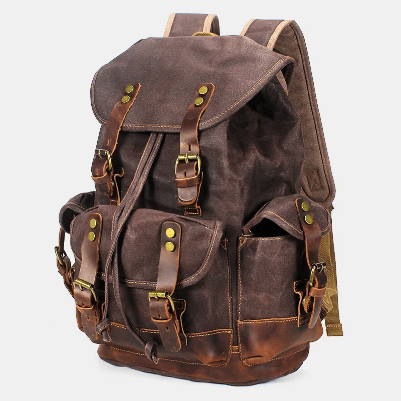 Men's backpack with a reflective strip for night-time visibilityMen Vintage Canvas Leather Wear-Resistant Anti-Theft Waterproof Backpack Leisure Travel Bag