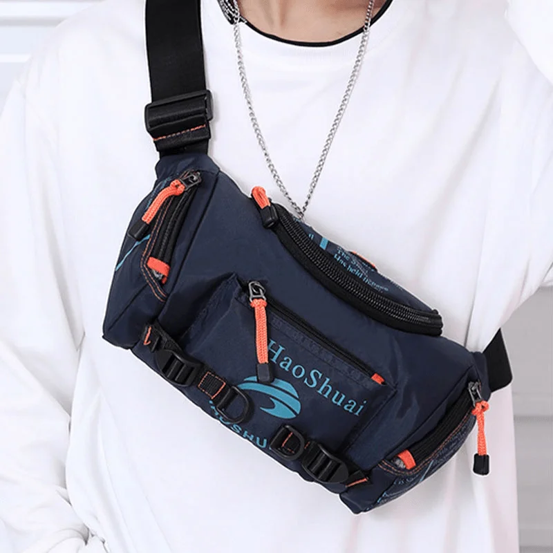 Men's waist bags with a zippered main compartmentMen Waterproof Outdoor Headphone Plug Crossbody Bag Chest Bag Sling Bag