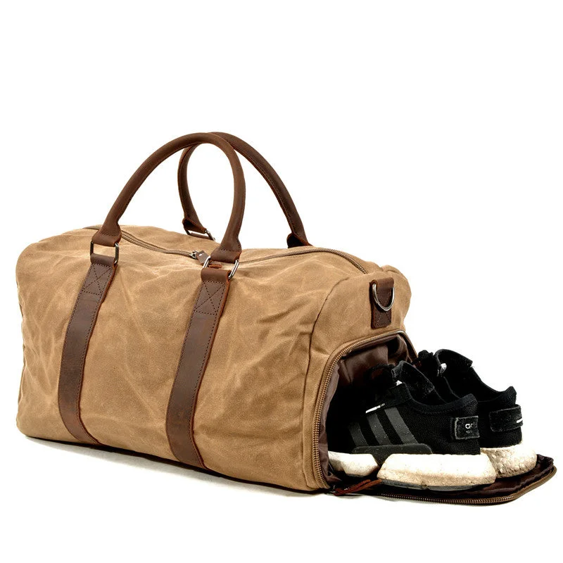 Designer duffel bags with unique patterns and high-end materialsWaxed Canvas Leather Travel Bag Duffle Bag Weekender Bag with Shoe Pouch