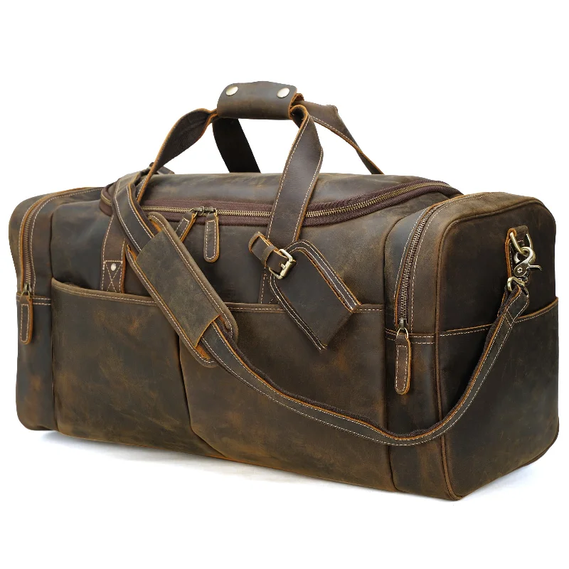 Vintage-inspired duffel bags with a distressed finish for a retro aestheticPolare 24 Inch Leather Duffel Bag for Men Full Grain Leather Travel Overnight Gym Sports Weekender Bag Large